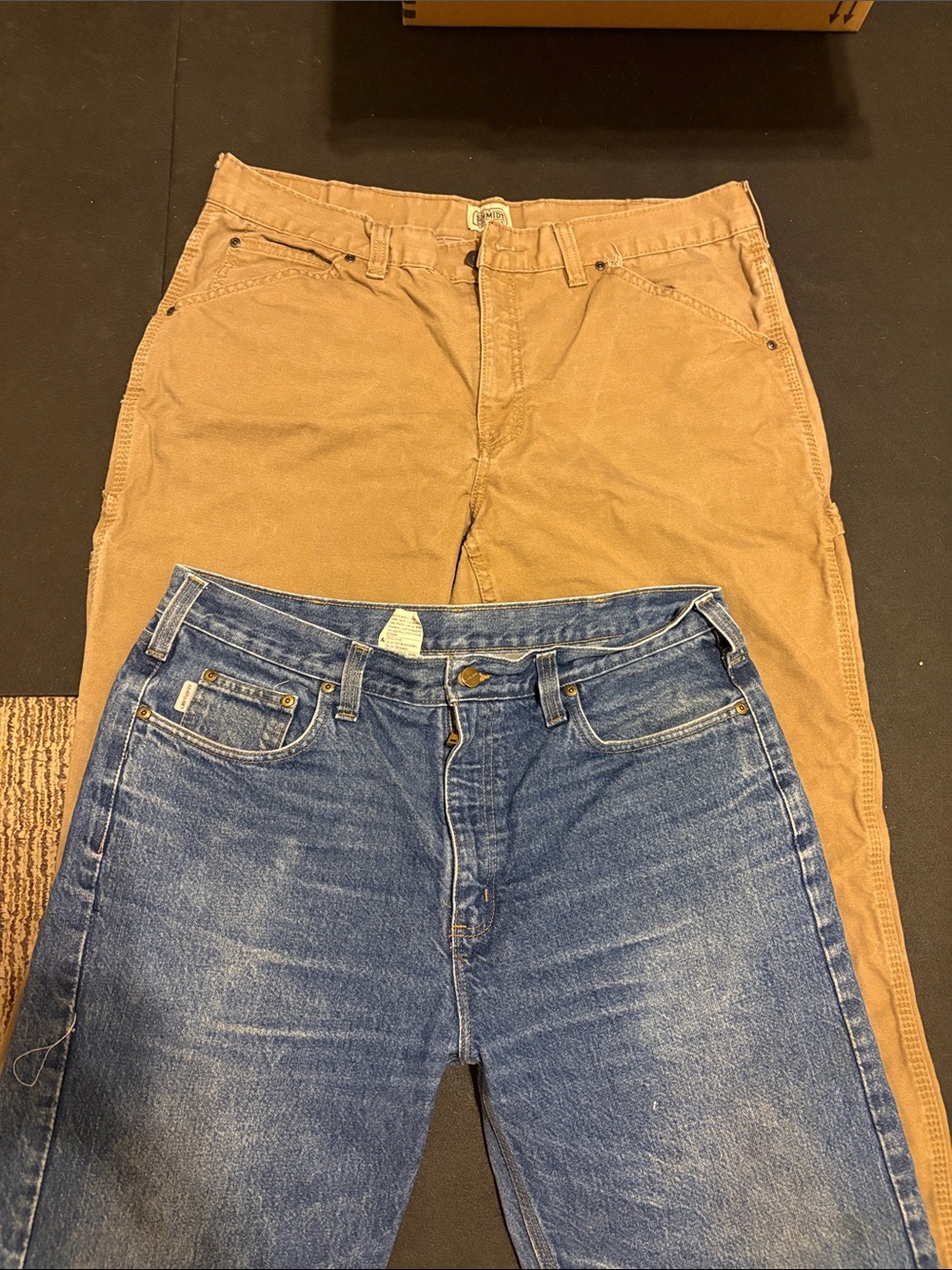 Carhartt Blue Denim and Schmidt Tan Work Pants Duo